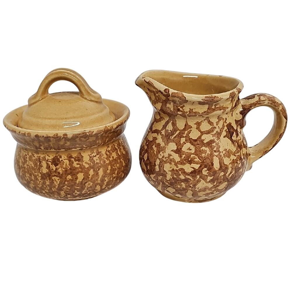 Vintage Pfaltzgraff USA Spongeware Gold Brown Creamer and Sugar Bowl w/Lid Set